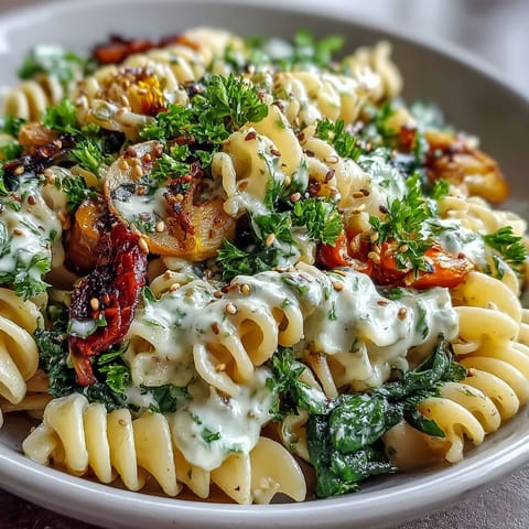 A vibrant, close-up view of a Chickpea Pasta Bowl topped with roasted red bell peppers, zucchini, and fresh parsley.
