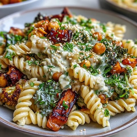 An overhead shot of a Chickpea Pasta Bowl with fork-twisted noodles and a generous drizzle of creamy tahini sauce.