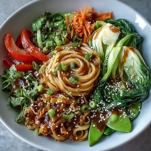 Low-carb shirataki noodles tossed with colorful Asian vegetables and a savory ginger-sesame sauce for a healthy meal.