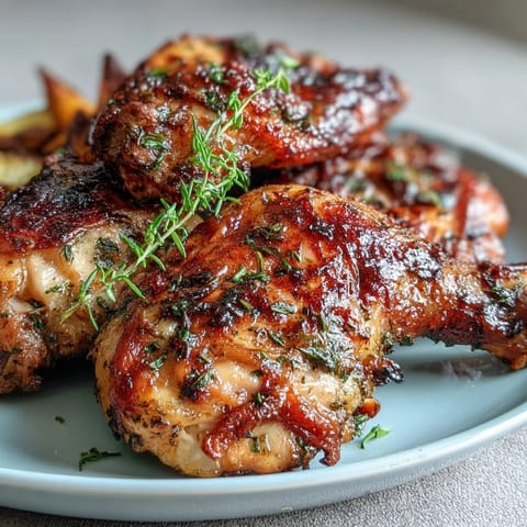 Herb-marinated chicken thighs and roasted root vegetables on a sheet pan, golden and aromatic for a comforting, healthy dinner.