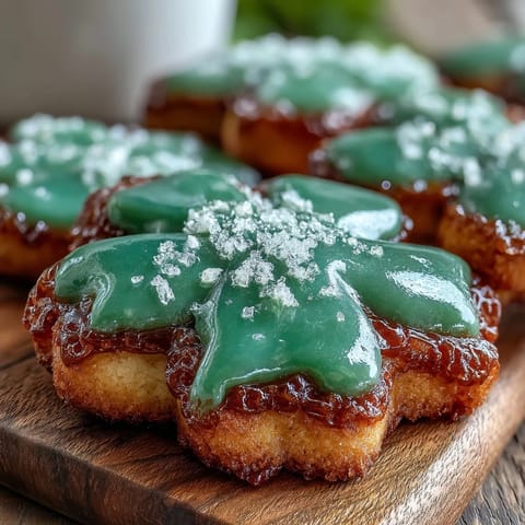 Festive shamrock-shaped sugar cookies decorated with vibrant green royal icing for St. Patricks Day celebrations.