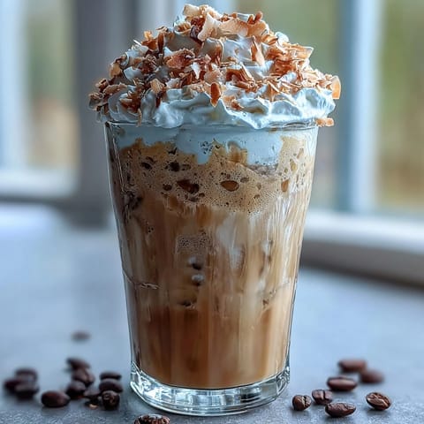 Creamy iced vanilla bean frappuccino with toasted coconut foam, a refreshing summer coffee treat topped with luscious vanilla-infused foam.