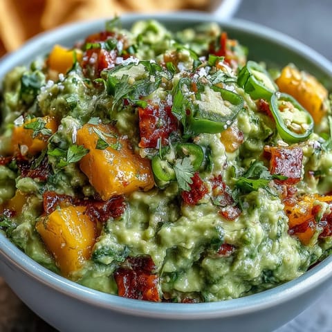 Vibrant Easy Cinco de Mayo Guacamole with mango and jalapeño, perfect for festive gatherings or a refreshing snack.
