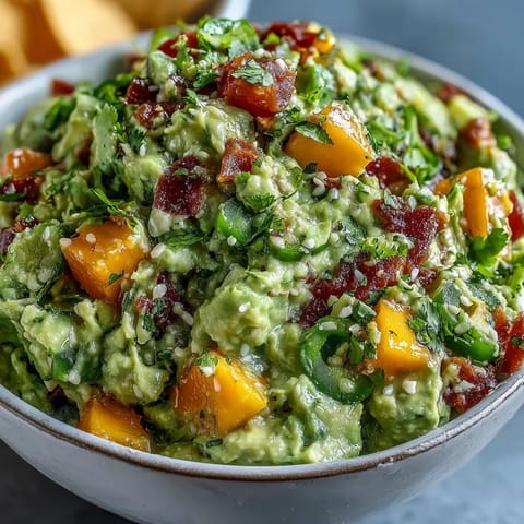 Creamy avocado guacamole mixed with sweet mango, spicy jalapeño, and fresh cilantro for a bold Mexican-inspired dip.