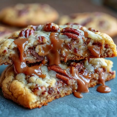 Decadent butter pecan cookies drizzled with caramel and loaded with crunchy toasted pecans, perfect for dessert lovers.  