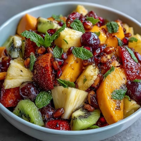 Vibrant tropical fruit platter with mango and pineapple slices arranged on a large serving board, garnished with mint and lime wedges.