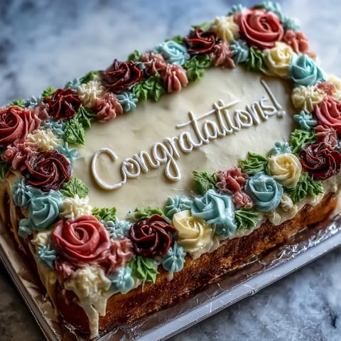 Graduation sheet cake with buttercream roses, a moist vanilla base topped with vibrant floral frosting and personalized message for a festive celebration.