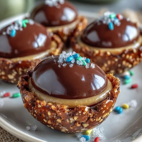 Crunchy pretzel crust meets creamy peanut butter filling in these chocolate cups, topped with a glossy chocolate layer.  