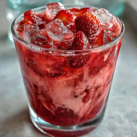 A creamy, pink-hued Pink Starburst Refresher with fresh strawberries and a swirl of coconut milk.