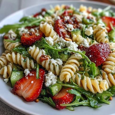 Vibrant spring pasta salad with strawberries, feta, and arugula in a light balsamic dressing. Fresh, colorful dish perfect for picnics or brunches.