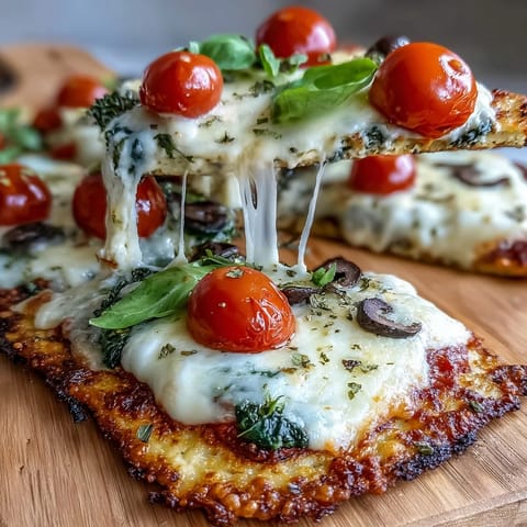 Wholesome cottage cheese flatbread pizza with golden crust, topped with melty mozzarella, fresh tomatoes, and spinach for a protein-packed meal.