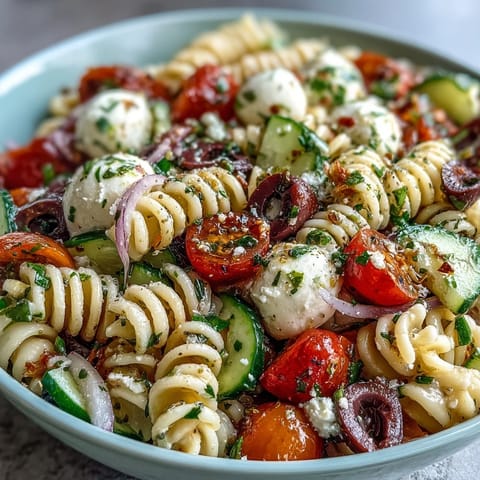 Vibrant pasta salad recipe with cherry tomatoes, cucumber, and Italian dressing, perfect for a light lunch or summer gathering.  