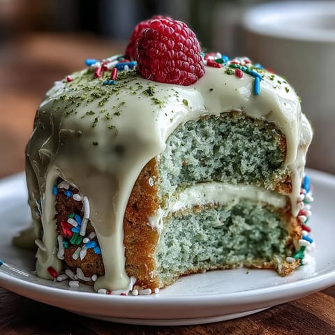 Vibrant mini matcha birthday cake with creamy vanilla frosting, perfect for smashing at brunch celebrations.
