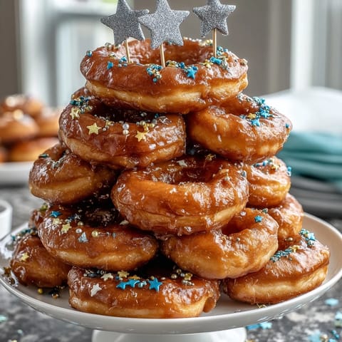 A towering stack of mini glazed donuts decorated with vibrant sprinkles, perfect for a festive graduation party centerpiece.