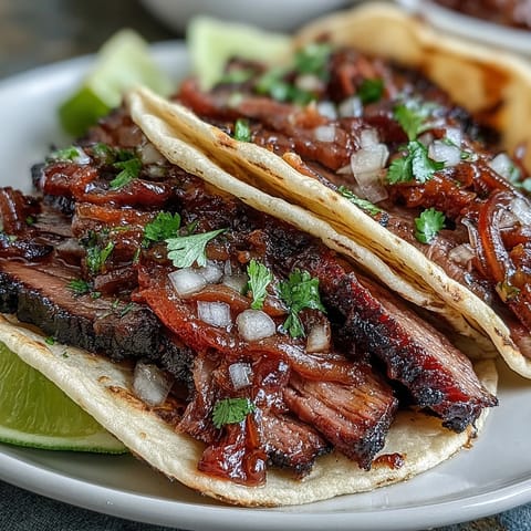 Juicy Smoked Brisket Tacos loaded with bright pickled onions, ready to devour.