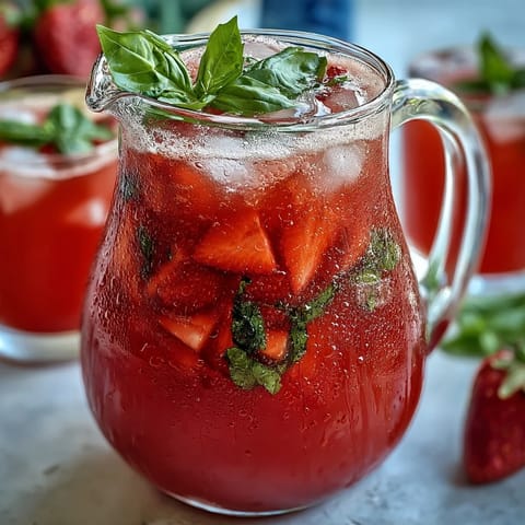 Strawberry Basil Lemonade Pitcher photographed with fresh fruit garnish.