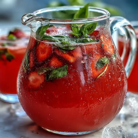 Vibrant Strawberry Basil Lemonade Pitcher ready for a summer party.