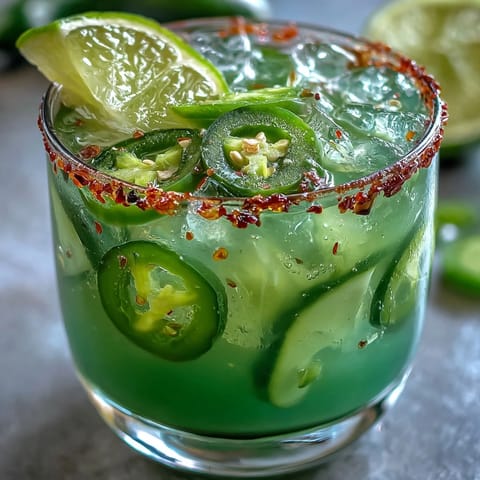 Viral Pickle Margarita Mocktail with spicy jalapeño rim served on a rustic table.