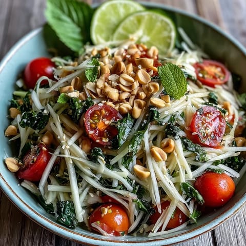 Vibrant Thai Papaya Salad with Peanuts, bright lime dressing, and fresh vegetables.