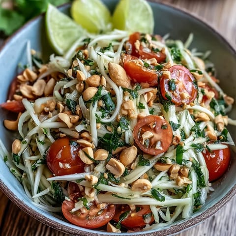 Taste the tangy crunch of Som Tam, a refreshing Thai salad perfect served chilled.