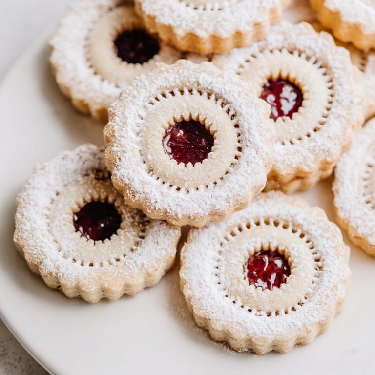 Delicate, festive Linzer Cookies showcase a lattice design, filled with vibrant red jam and dusted.