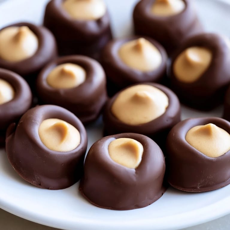 Delicious, bite-sized buckeyes, freshly made, offering a sweet peanut butter and chocolate flavor.