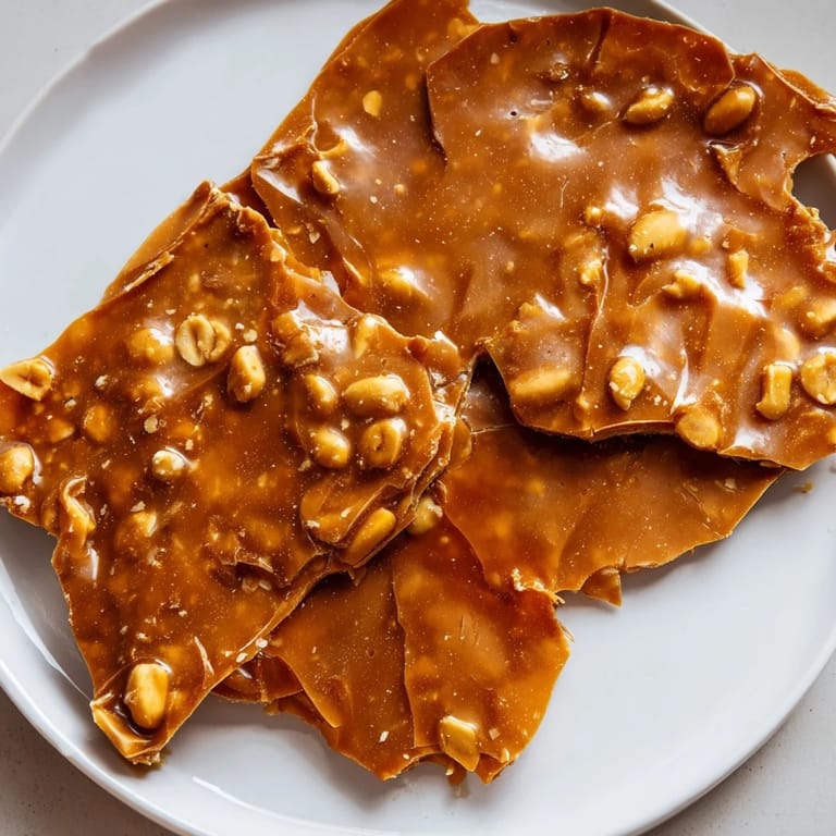 Close-up of golden peanut brittle studded with roasted peanuts, ready to enjoy.