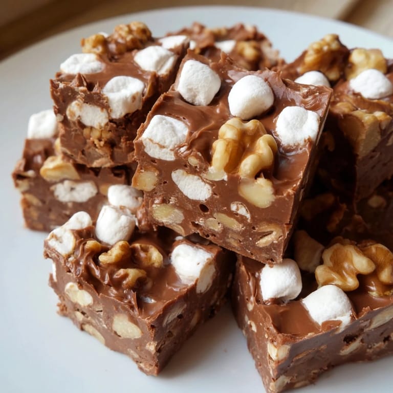 Vibrant image shows chilled Rocky Road Fudge, a delicious mix of textures and sweet chocolate flavor.
