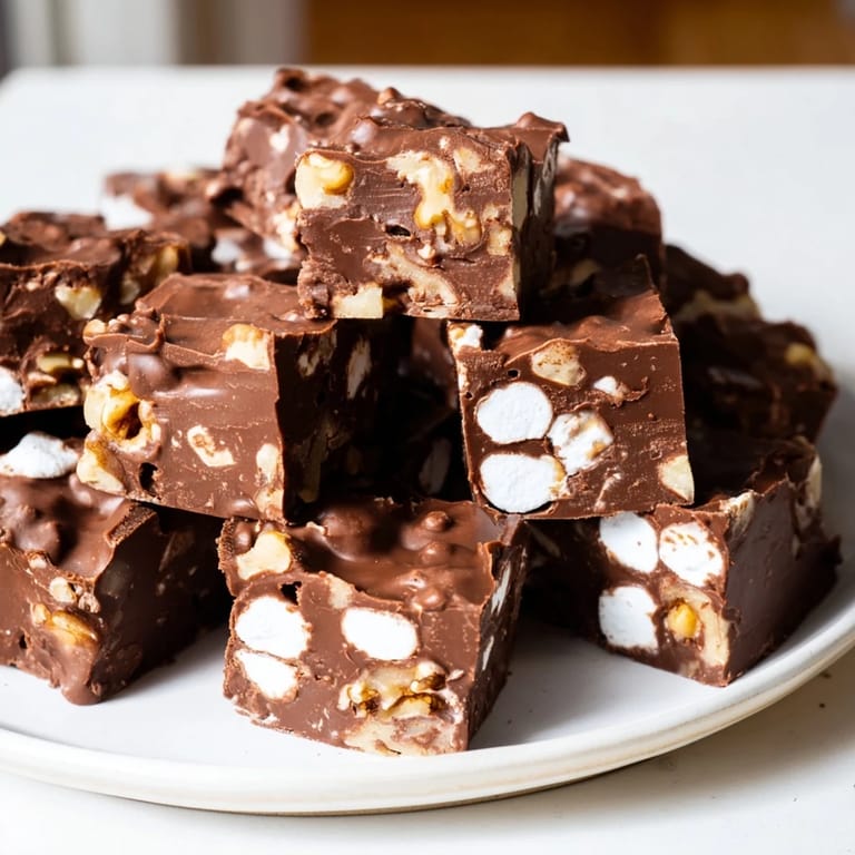 Perfectly chilled Rocky Road Fudge: a homemade treat with marshmallows and crunchy walnuts, ready to eat.