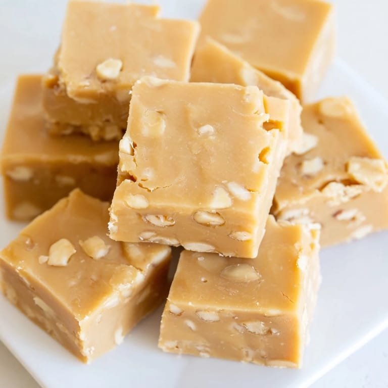 Close up shows smooth, caramelized Penuche Fudge ready and waiting to be cut into squares.