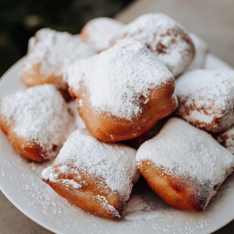A close-up of warm beignets, powdered sugar cascading, offering a sweet delight from New Orleans.