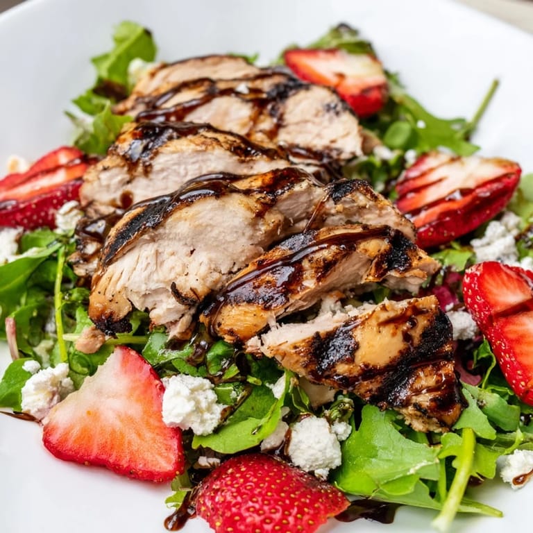 A plated Honey Balsamic Chicken Salad with strawberries, goat cheese, and nuts, ready to serve with a glass of white wine.