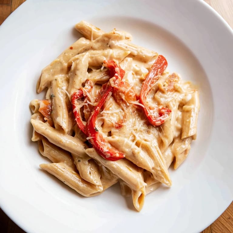 Platter of creamy Cajun pasta, featuring sweet roasted bell peppers and al dente noodles, ready to serve.