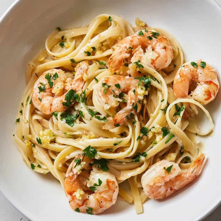 Al dente linguine tossed with succulent shrimp in a rich garlic butter sauce.