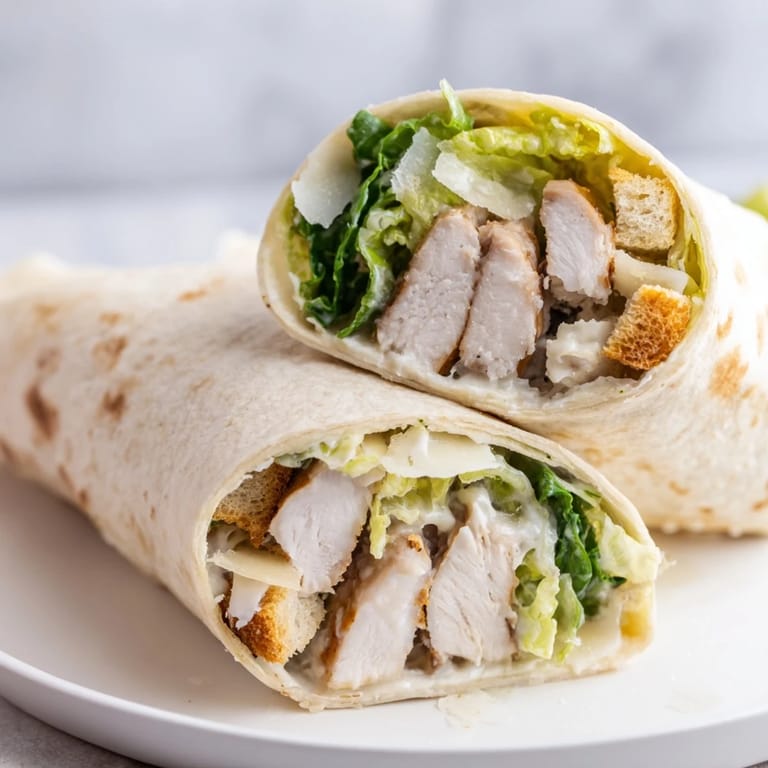 Grilled chicken Caesar salad wrap cut in half, revealing vibrant green romaine, savory parmesan, and creamy Caesar dressing wrapped in a warm flour tortilla.