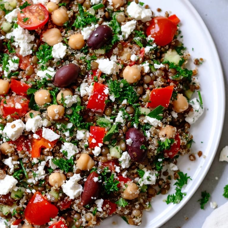 Fork-tender chickpeas and fluffy quinoa tossed with olives and feta in a colorful Greek Power Salad.