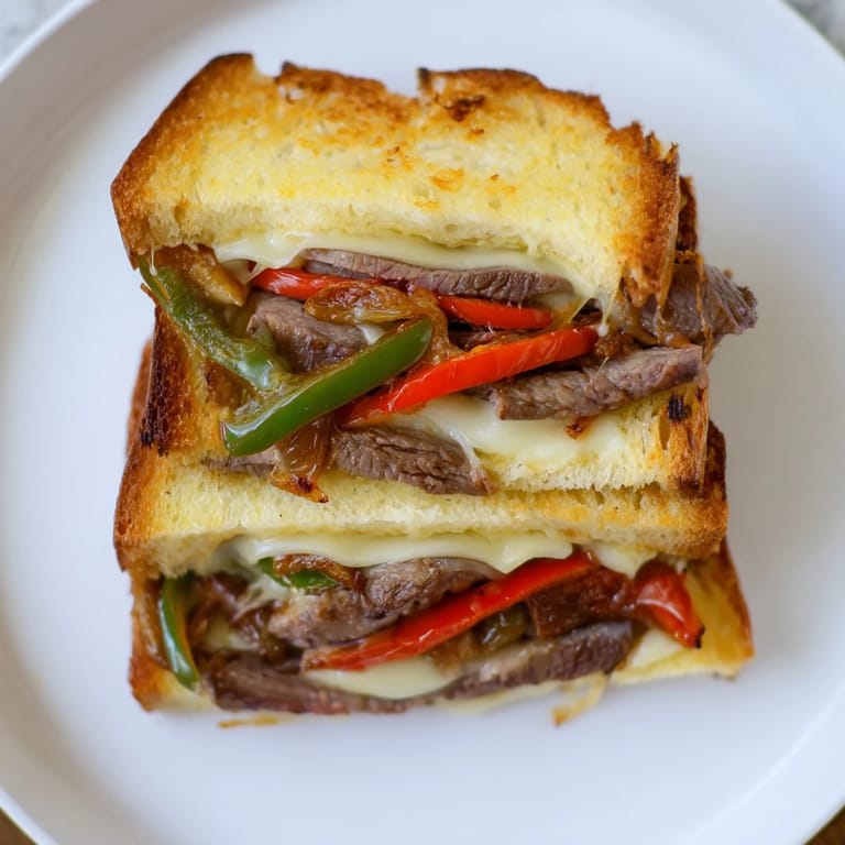 Sizzling steak strips and colorful peppers piled high on melty provolone between toasted, golden bread slices.
