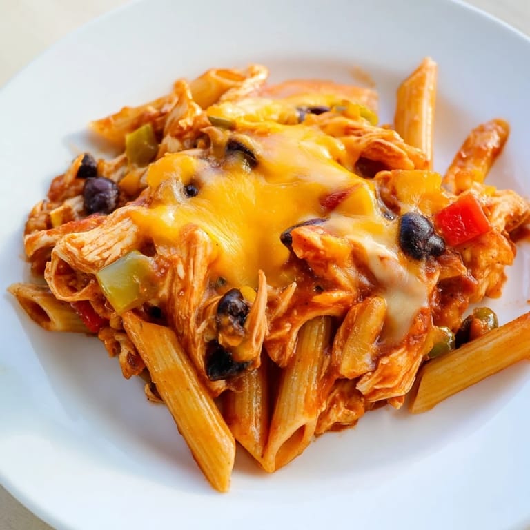 Garnished with fresh cilantro and avocado, this family-style Chicken Enchilada Pasta is a weeknight dinner winner.