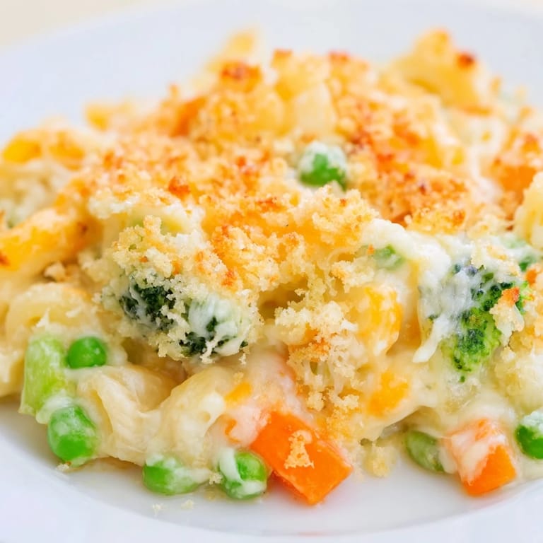 Baked Garden Veg Mac and Cheese casserole with a golden crust, served alongside a fresh green salad on a rustic wooden table.
