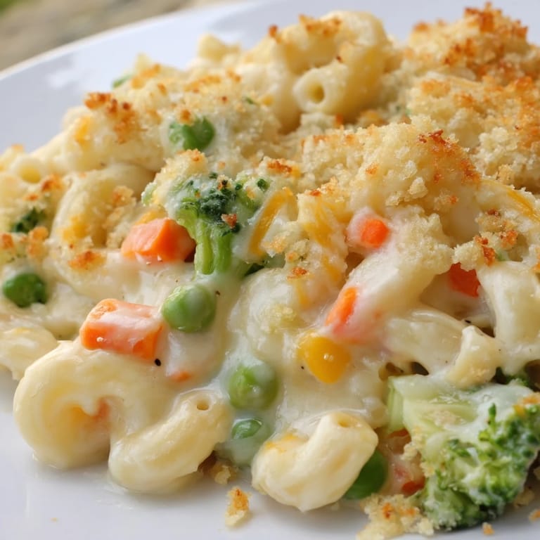 A steaming bowl of Garden Veg Mac and Cheese featuring vibrant orange cheddar sauce, tender pasta, and fresh vegetable medley for family dinner.