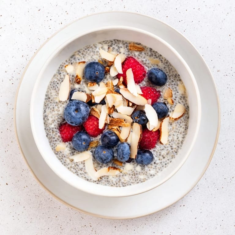 Poppy Seed Chia Pudding in a rustic bowl, featuring a creamy texture and a sprinkle of coconut.