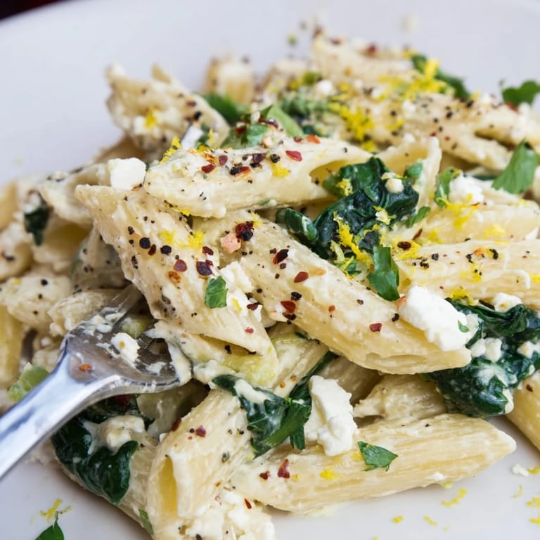 A close-up view of Creamy Feta Spinach Pasta featuring twirled noodles, fresh basil, and lemon zest garnish.  