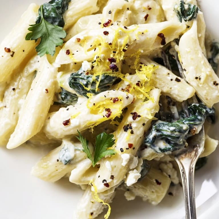 A wooden spoon scooping Creamy Feta Spinach Pasta revealing a velvety, tangy sauce clinging to penne noodles.