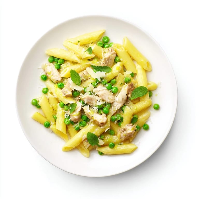 A skillet of Pea & Mint Chicken Pasta glistens beside fresh lemon wedges and extra Parmesan, perfect for a quick spring dinner.