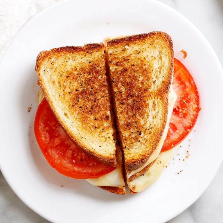 A close-up of a grilled pepper jack and tomato sandwich, melted cheese dripping between layers of tomato on a rustic plate.