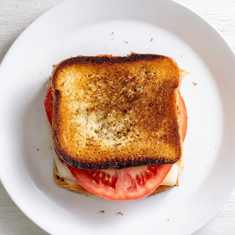 A savory Pepper Jack & Tomato Grilled Cheese, sliced in half to reveal gooey cheese and vibrant tomato, ready to dip in soup.