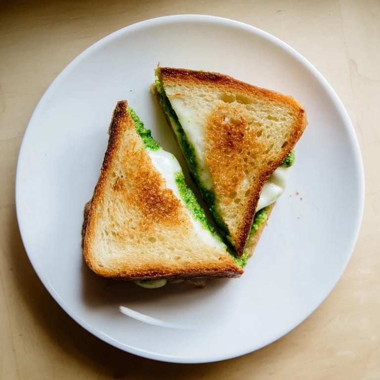 Sliced Spring Pea Pesto Grilled Cheese on a white plate, garnished with fresh basil leaves and a sprinkle of extra Parmesan for flavor.