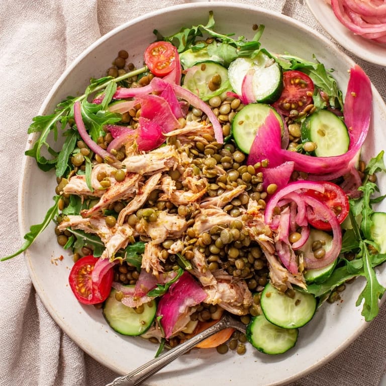 The Lentil & Chicken Spring Salad served on a rustic plate with a fork, showcasing the mix of protein-packed lentils and roasted chicken.