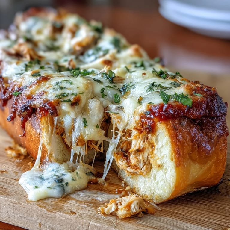 Hearty, oven-baked Chicken Parm Stuffed Garlic Bread, golden brown with melted cheese and a garlic butter crust.