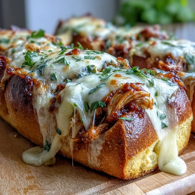 Sliced Chicken Parm Stuffed Garlic Bread revealing bubbly mozzarella and hearty chicken filling, ready to serve.